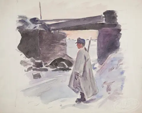 солдат Легіону Українських Січових Стрільців (1914-1920) стоїть на варті біля мосту (1914-1918)