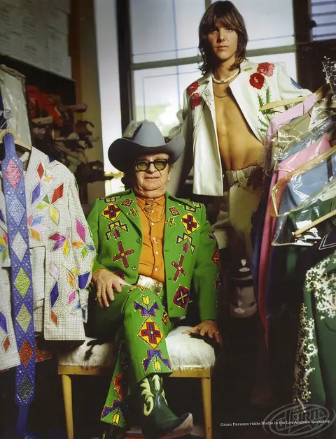 Nudie Cohn and Gram Parsons in his Flying Burrito Brothers Nudie suit