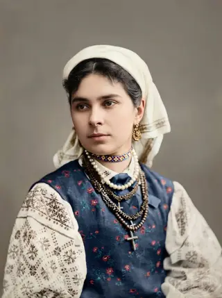 Liudmyla Drahomanova in a headscarf and beaded necklaces