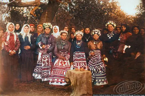 Women and girls, possibly dressed to celebrate a wedding, in Ukraine's Pavlohrad Region in 1909