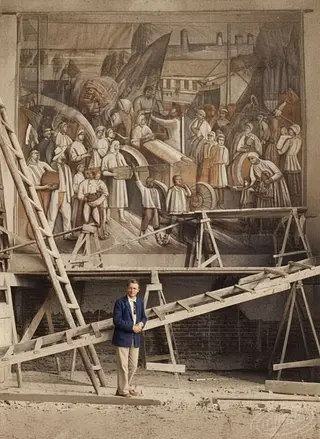 Mykhailo Boychuk against the backdrop of an unknown monumental mural