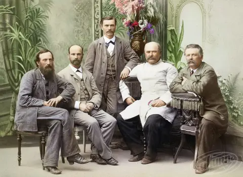 Українські хлопомани близько 1873 року. Зліва направо: Тадей Рильський, Вільям Беренштам, Володимир Антонович, Ф. Т. Панченко, Борис Познанський