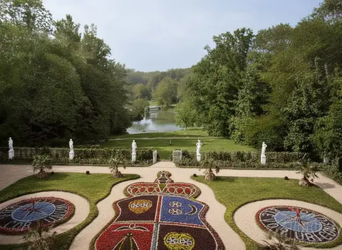 The coat of arms of the Kochubey family, displayed in a flower bed (carpet decoration) in the courtyard of their former palace in Dykanka